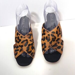 Sole Society Leopard Print‎ Cross Strap Block Heel Slide Sandal Women's